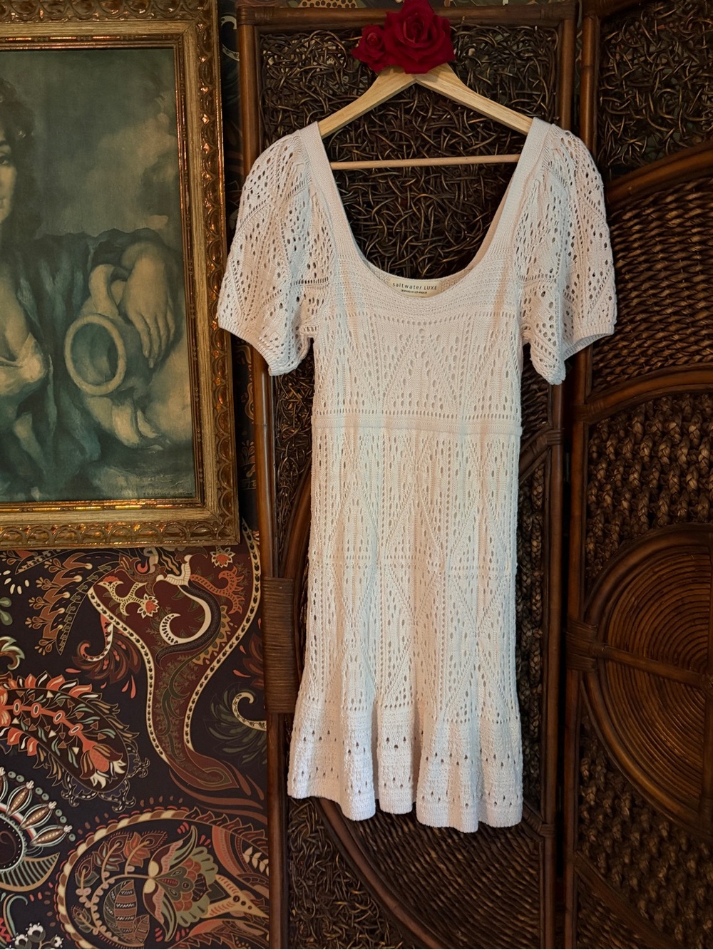 Saltwater Luxe Small Ivory Open Knit Crochet Boho Mini Dress Sz S